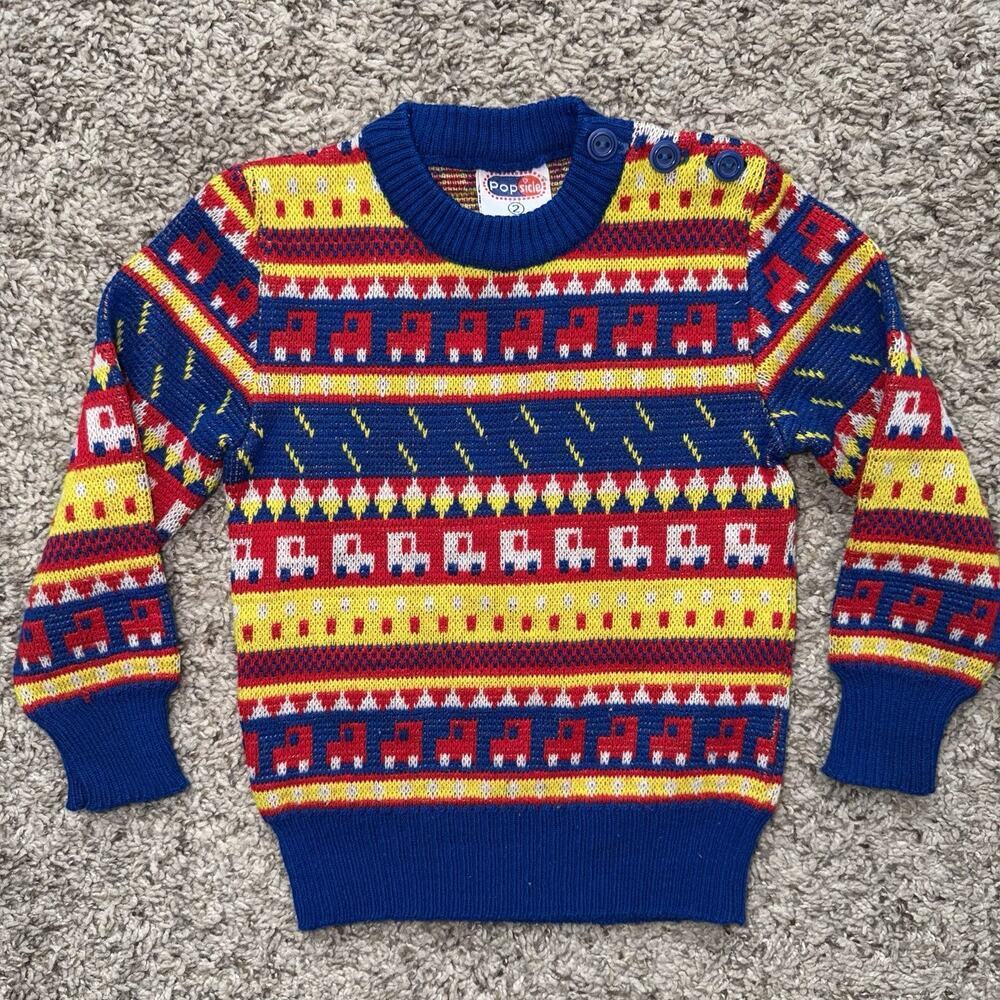 Vintage 80s Popsicle 2T Tight-knit Sweater Cars Buttons Red Blue Yellow Unisex